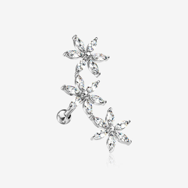 Grand Sparkle Triple Flowers Steel Cartilage Tragus Barbell Stud-Clear Gem