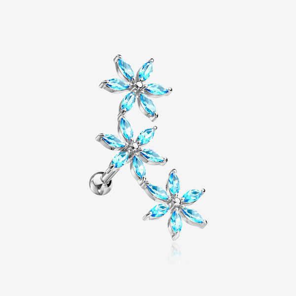 Grand Sparkle Triple Flowers Steel Cartilage Tragus Barbell Stud-Aqua