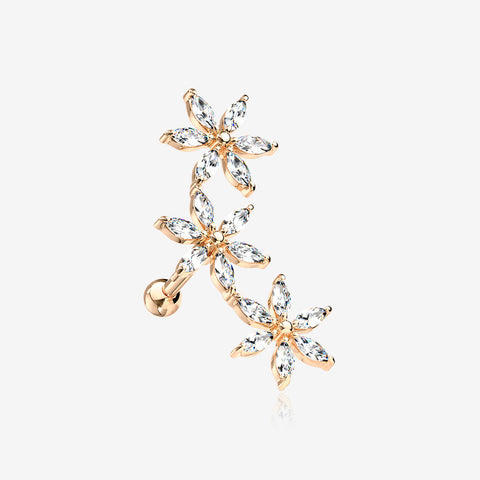 Rose Gold Grand Sparkle Triple Flowers Steel Cartilage Tragus Barbell Stud-Clear Gem