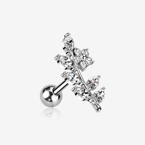 Brilliant Sparkle Flower Vine Leaflets Sparkle Cartilage Tragus Barbell Stud-Clear Gem