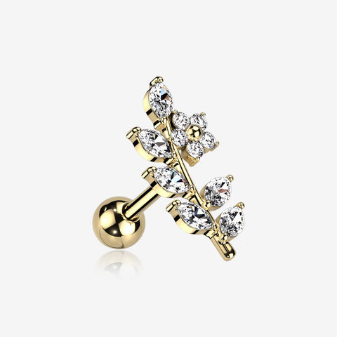 Golden Brilliant Sparkle Flower Vine Leaflets Sparkle Cartilage Tragus Barbell Stud-Clear Gem