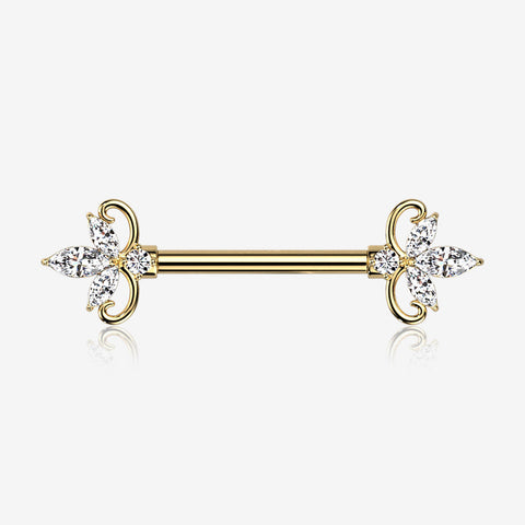 A Pair of Golden Royal Floral Spear Sparkle Elegance Nipple Barbell-Clear Gem