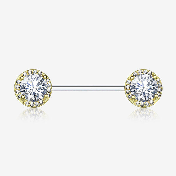 A Pair of Golden Brilliant Multi-Gem Sparkle Nipple Barbell-Clear Gem