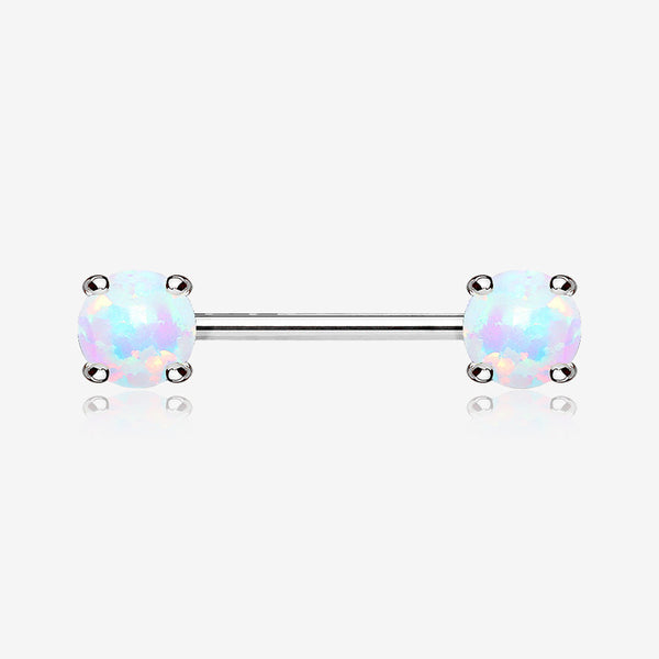 A Pair of Fire Opal Prong Set Sparkle Nipple Barbell-White Opal