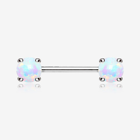 A Pair of Fire Opal Prong Set Sparkle Nipple Barbell-White Opal