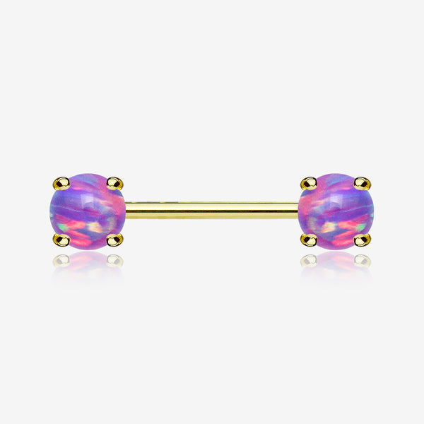 A Pair of Golden Fire Opal Prong Set Sparkle Nipple Barbell-Purple Opal