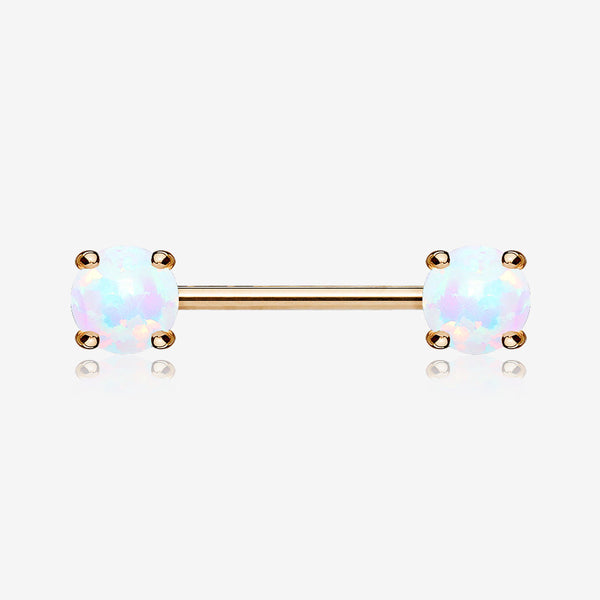 A Pair of Rose Gold Fire Opal Prong Set Sparkle Nipple Barbell-White Opal