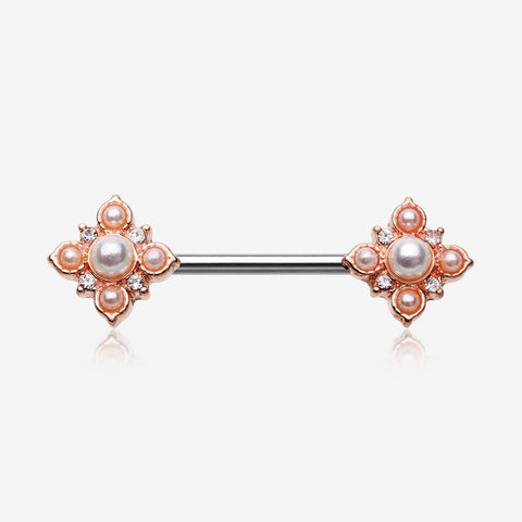 A Pair of Rose Gold Vintage Pearlescent Sparkle Floral Nipple Barbell-Clear Gem/White