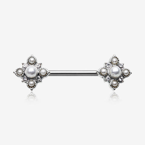 A Pair of Vintage Pearlescent Sparkle Floral Nipple Barbell-Clear Gem/White