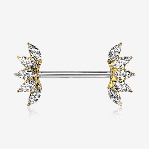 A Pair of Golden Brilliant Marquise Sparkle Floral Nipple Barbell-Clear Gem