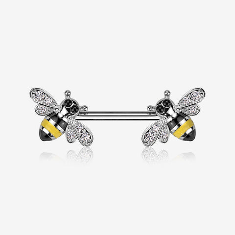 A Pair of Adorable Bumble Bee Sparkle Nipple Barbell-Clear Gem