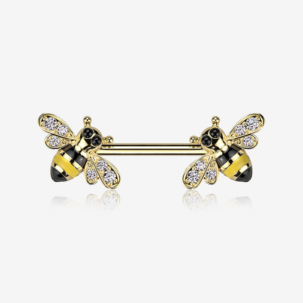 A Pair of Golden Adorable Bumble Bee Sparkle Nipple Barbell-Clear Gem