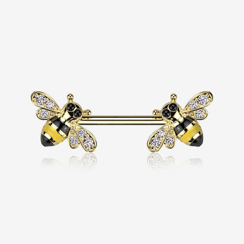 A Pair of Golden Adorable Bumble Bee Sparkle Nipple Barbell-Clear Gem