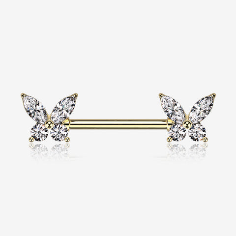 A Pair of Golden Brilliant Sparkle Marquise Butterfly Nipple Barbell-Clear Gem