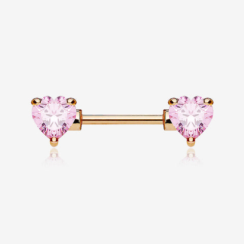 A Pair of Rose Gold Double Heart Gem Nipple Barbell Ring-Pink