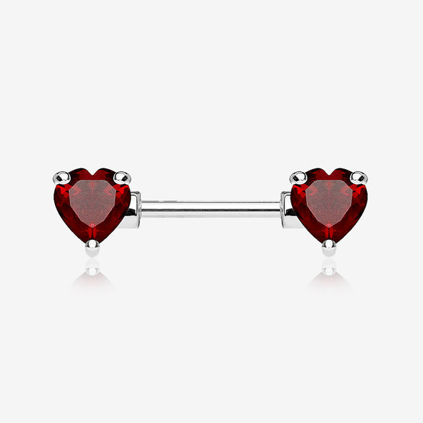 A Pair of Double Heart Gem Nipple Barbell Ring-Red