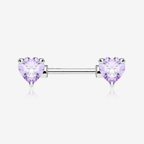 A Pair of Double Heart Gem Nipple Barbell Ring-Tanzanite