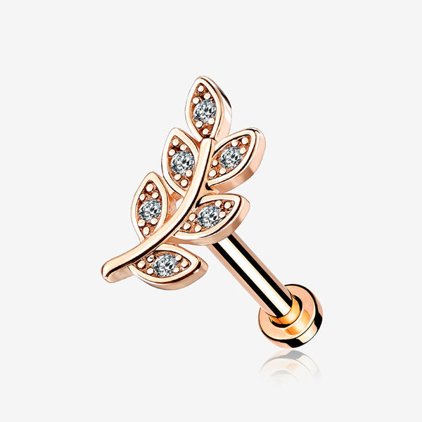 Rose Gold Dainty Leaflet Sparkle Interally Threaded Labret-Clear Gem