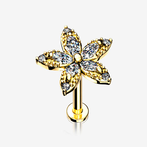 Golden Marquise Sparkle Spring Flower Internally Threaded Labret-Clear Gem