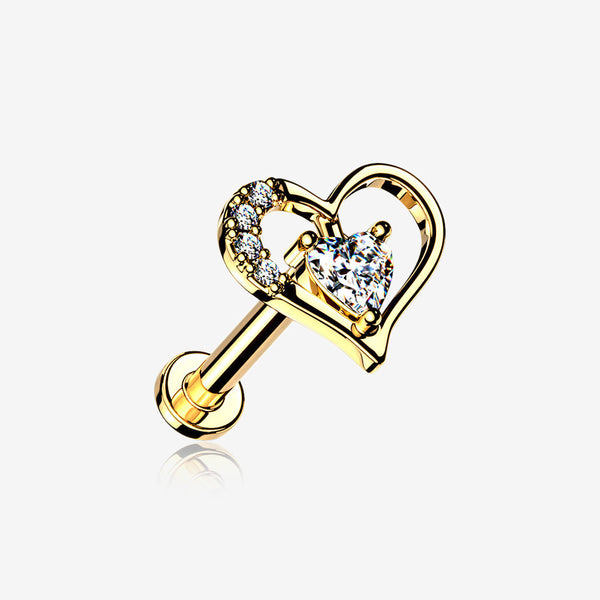 Golden Journey Heart Solitaire Sparkle Internally Threaded Labret-Clear Gem