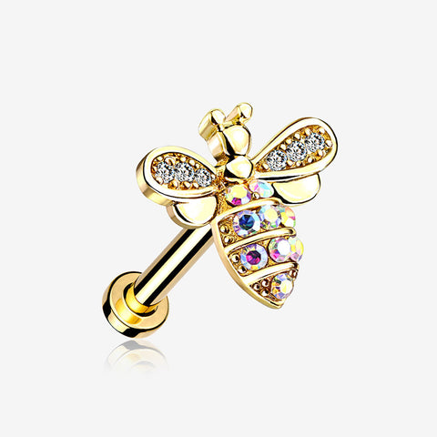 Golden Glistening Honey Bee Sparkle Internally Threaded Labret-Clear Gem