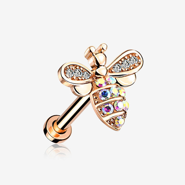 Rose Gold Glistening Honey Bee Sparkle Internally Threaded Labret-Clear Gem