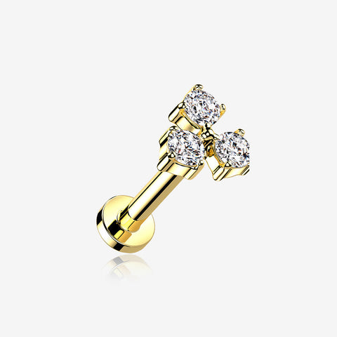 Golden Trinity Sparkle Prong Set Top Internally Threaded Steel Flat Back Stud Labret-Clear Gem