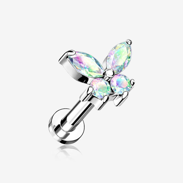 Butterfly Sparkle Prong Set Top Internally Threaded Steel Flat Back Stud Labret-Aurora Borealis