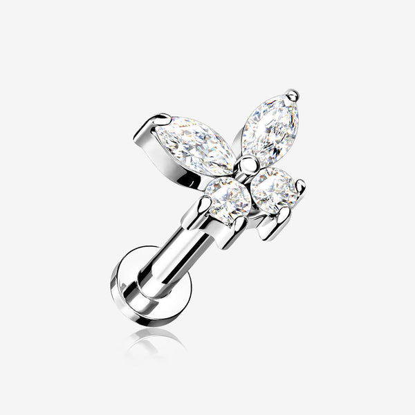 Butterfly Sparkle Prong Set Top Internally Threaded Steel Flat Back Stud Labret-Clear Gem