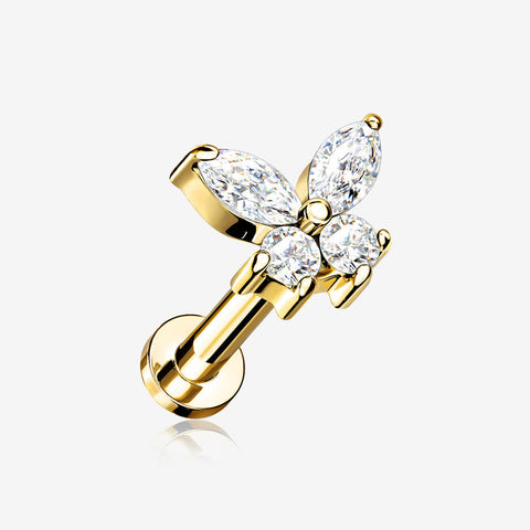 Golden Butterfly Sparkle Prong Set Top Internally Threaded Steel Flat Back Stud Labret-Clear Gem