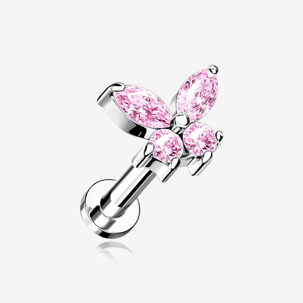 Butterfly Sparkle Prong Set Top Internally Threaded Steel Flat Back Stud Labret-Pink