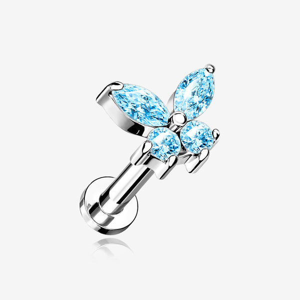 Butterfly Sparkle Prong Set Top Internally Threaded Steel Flat Back Stud Labret-Aqua