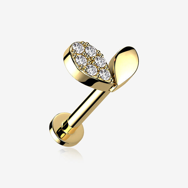 Golden Adorable Heart Sprout Sparkle Internally Threaded Steel Flat Back Stud Labret-Clear Gem