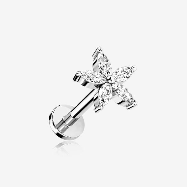 Marquise Flower Sparkle Top Internally Threaded Steel Flat Back Stud Labret-Clear Gem