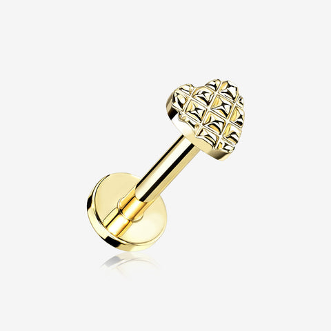 Golden Adorable Heart Embossed Top Internally Threaded Steel Flat Back Stud Labret