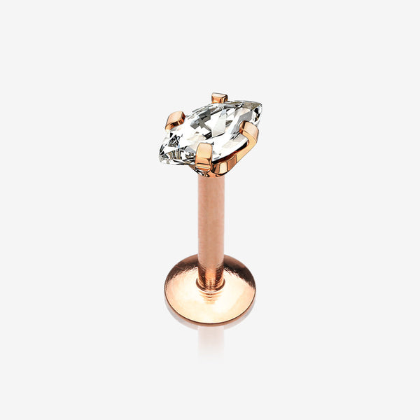 Rose Gold Marquise Sparkle Prong Set Gem Top Internally Threaded Steel Labret-Clear Gem