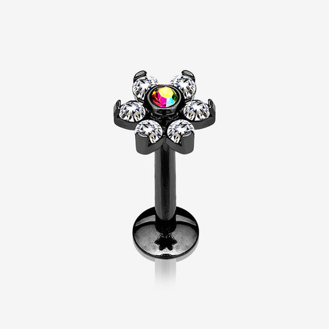 Blackline Brilliant Sparkle Flower Top Internally Threaded Steel Labret-Clear Gem/Aurora Borealis