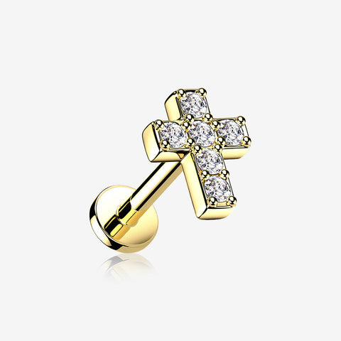 Golden Grand Sparkle Cross Top Internally Threaded Steel Flat Back Stud Labret-Clear Gem