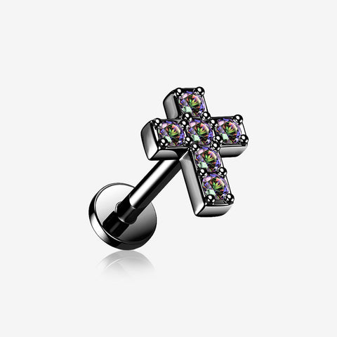 Blackline Grand Sparkle Cross Top Internally Threaded Steel Flat Back Stud Labret-Vitrail Medium