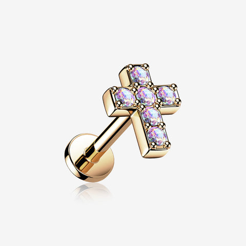 Rose Gold Grand Sparkle Cross Top Internally Threaded Steel Flat Back Stud Labret-Aurora Borealis