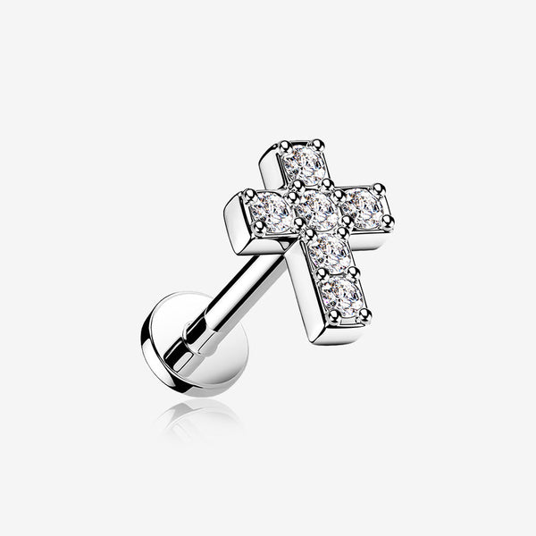 Grand Sparkle Cross Top Internally Threaded Steel Flat Back Stud Labret-Clear Gem