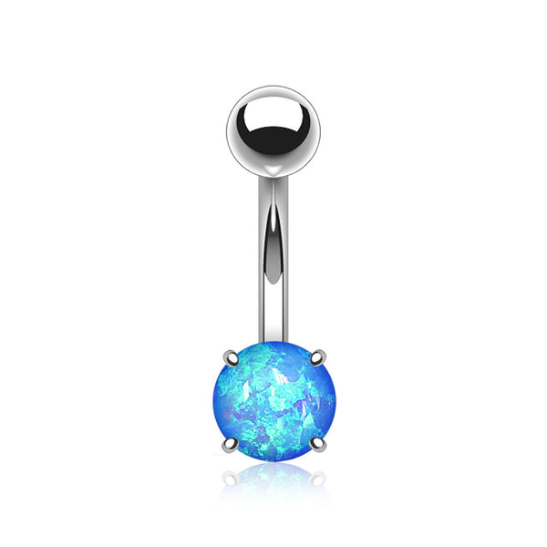 Fire Opal Prong Set Basic Steel Belly Button Ring-Blue Opal