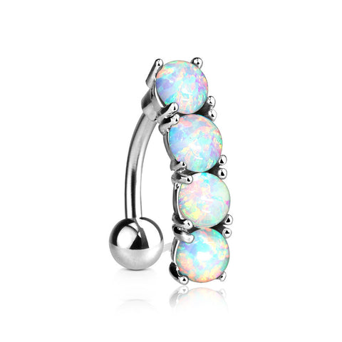 Classic Fire Opal Vertical Sparkle Reverse Belly Button Ring-White Opal