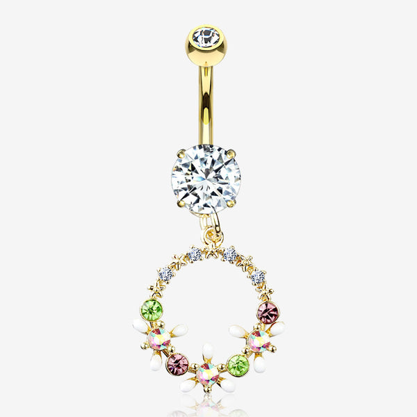 Golden Sparkle Chic Flower Wreath Belly Button Ring