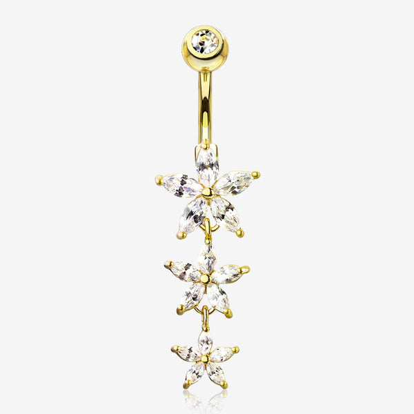 Golden Grand Sparkle Triple Marquise Sparkle Belly Button Ring-Clear Gem