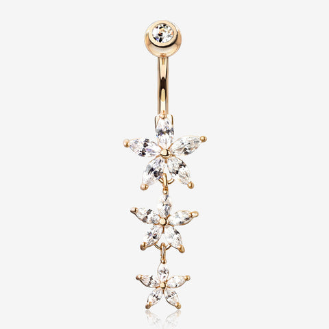 Rose Gold Grand Sparkle Triple Marquise Sparkle Belly Button Ring-Clear Gem