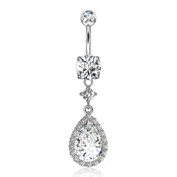 Brilliant Teardrop Lux Sparkle Dangle Belly Button Ring-Clear Gem