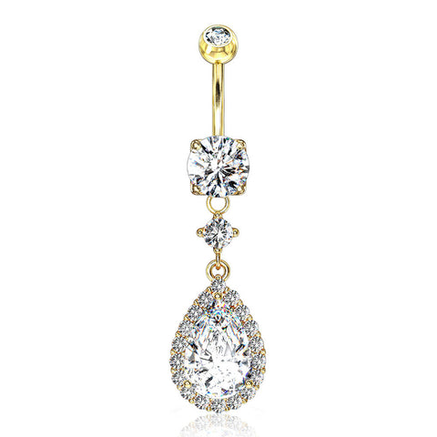 Golden Brilliant Teardrop Lux Sparkle Dangle Belly Button Ring-Clear Gem