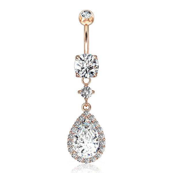 Rose Gold Brilliant Teardrop Lux Sparkle Dangle Belly Button Ring-Clear Gem