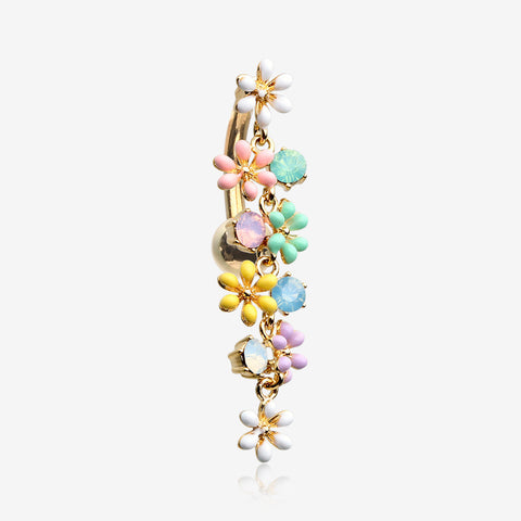 Golden Adorable Flower Dazzle Opalite Sparkle Reverse Belly Button Ring-Multi-Color